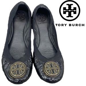TORY Burch Caroline Ballet Flats Shoes Black Leather Black Golden Logo size 7.5M